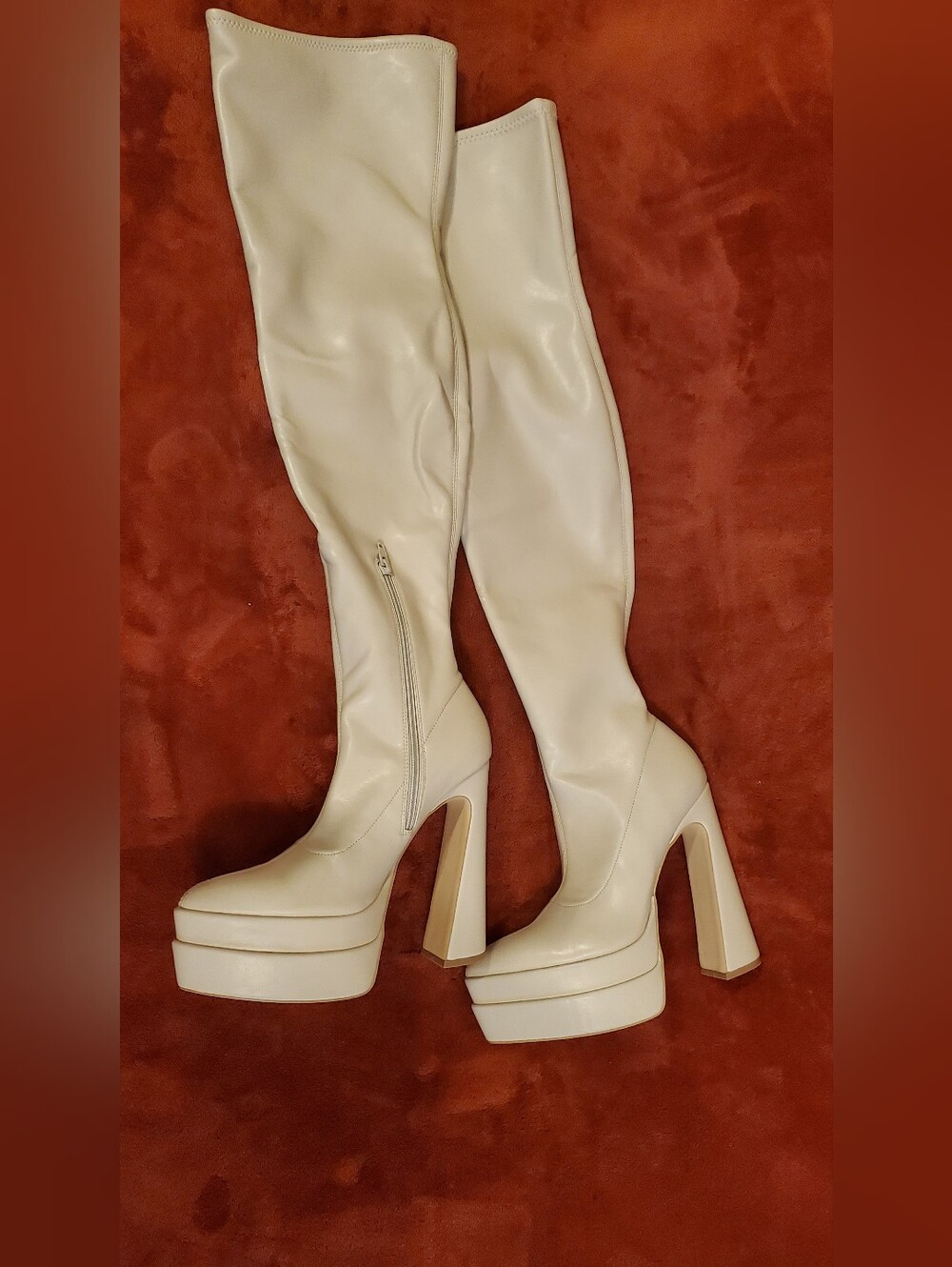 NEW Women’s Cream Platform Over the Knee-High Heeled Boots